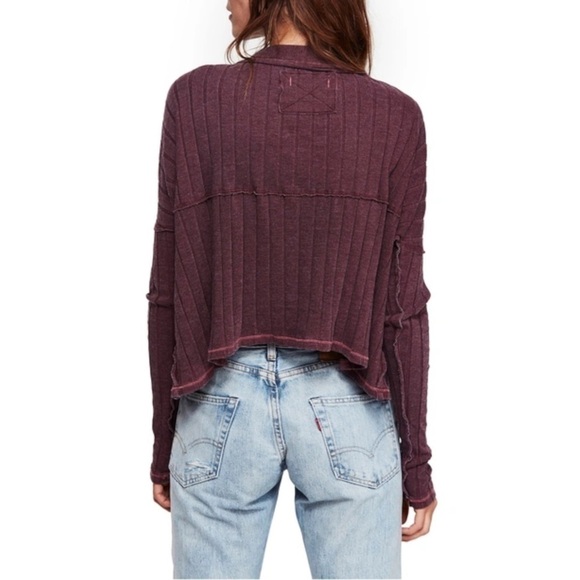 Free People Bohemian Grunge Ribbed Henley Boxy Top Raw Hem Plum Wine Size XS - Picture 5 of 17